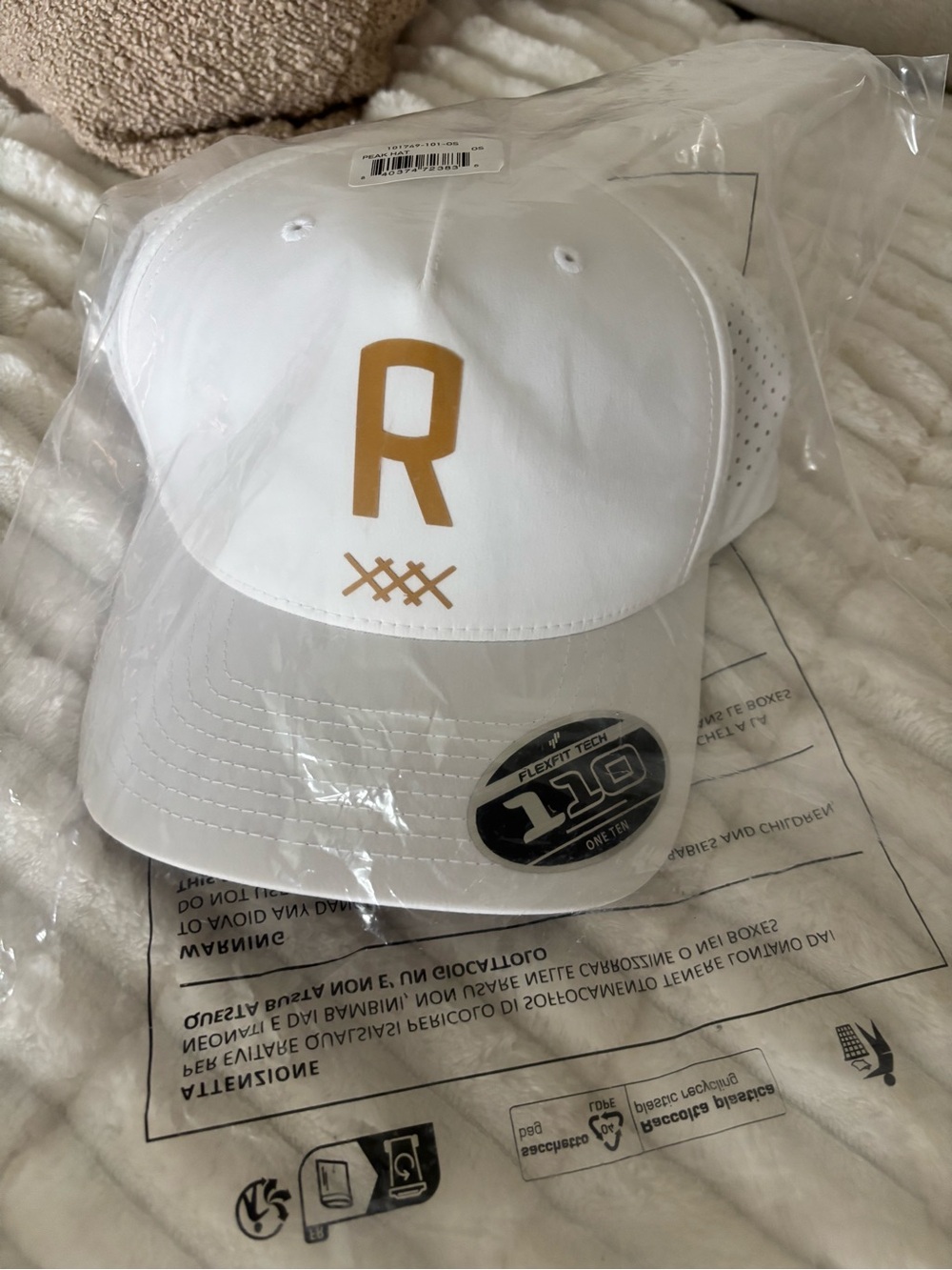 Rhone White Performance 110 Snapback Hat with Gold 'R' Logo